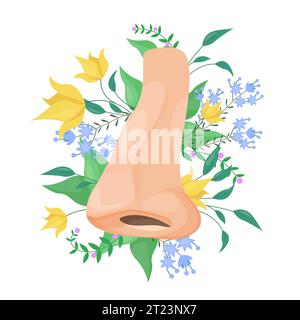 Nez humain avec illustration vectorielle de fleurs. Bouquet floral isolé de dessin animé, plantes et vue latérale du nez avec narine, soins de sens de l'odorat et de la santé nasale, rhinoplastie et et traitement de la maladie Illustration de Vecteur