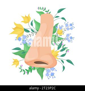 Nez humain avec illustration vectorielle de fleurs. Bouquet floral isolé de dessin animé, plantes et vue latérale du nez avec narine, soins de sens de l'odorat et na Illustration de Vecteur