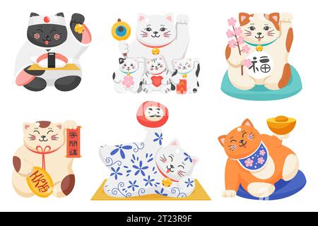 Maneki neko, chat chanceux japonais set illustration vectorielle. Cartoon isolé mignon collection de personnages animaux heureux avec la bonne chance et l'argent symboles asiatiques, chat symbolique drôle agitant avec des sourires Illustration de Vecteur