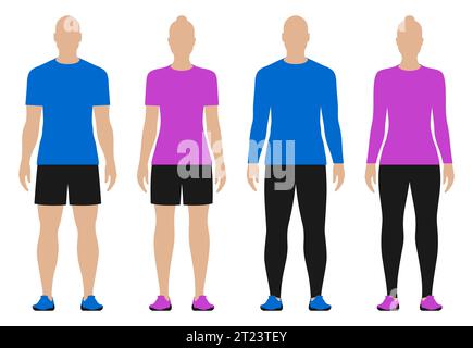 Hommes et femmes athlétiques vêtus de chemises à manches longues et courtes, pantalons et shorts, isolés sur fond blanc. Vector Set de vêtements de taille différente. Illustration de Vecteur