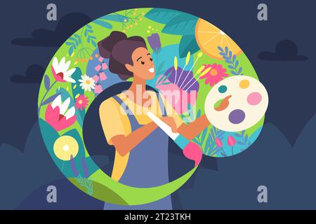 Santé mentale, optimisme et prendre soin de vous illustration vectorielle. Dessin animé jeune femme heureuse peignant des fleurs lumineuses avec des peintures, symbole de bonnes pensées positives, développement créatif personnel Illustration de Vecteur