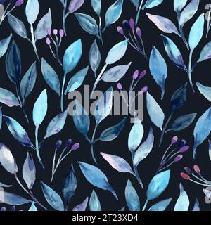 Motif sans couture avec des feuilles abstraites bleues et des bourgeons floraux. Illustration à l'aquarelle dessinée à la main. Illustration de Vecteur