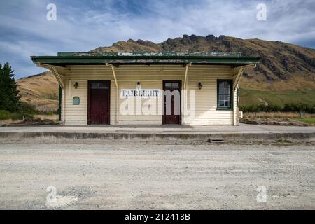 Gare historique de Fairlight. Southland, Nouvelle-Zélande, terminus du train à vapeur Kingston Flyer Banque D'Images