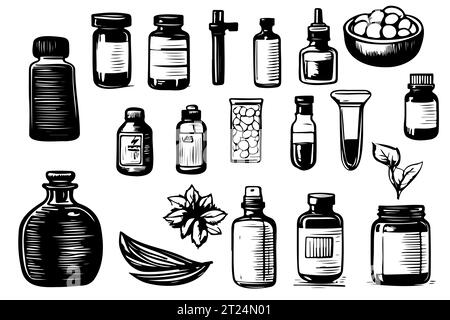 Définir des modèles vierges vectoriels conteneurs vides : bouteilles avec pulvérisateur, distributeur et compte-gouttes, pot avec crème, tube. dessiné dans le croquis manuel Illustration de Vecteur