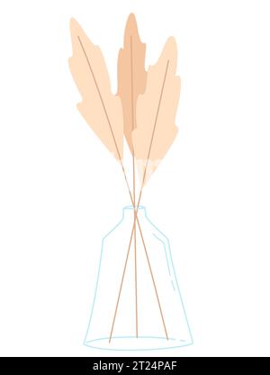 Trois branches de feuilles beiges séchées dans un vase en verre avec un col étroit sur fond blanc. Eléments de conception vectoriels. Illustration de Vecteur