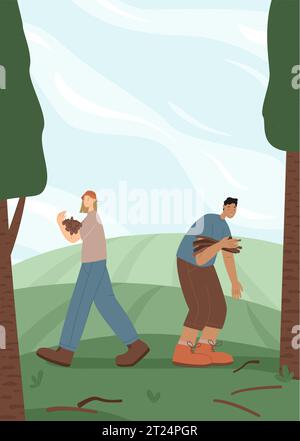 Les randonneurs collectent des branches sèches pour une illustration vectorielle de feu. Voyageurs dans le concept sauvage. Aide et travail d'équipe Illustration de Vecteur