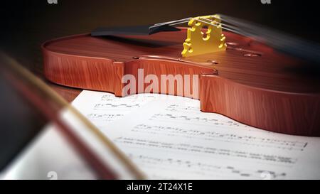 Close up of violin debout sur feuille de musique. 3D illustration. Banque D'Images