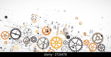 Fond technologique abstrait avec lettres, roues dentées et effet plexus. Vecteur Illustration de Vecteur