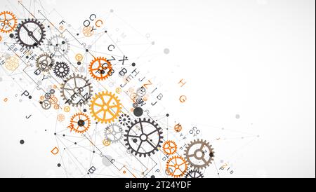 Fond technologique abstrait avec lettres, roues dentées et effet plexus. Vecteur Illustration de Vecteur