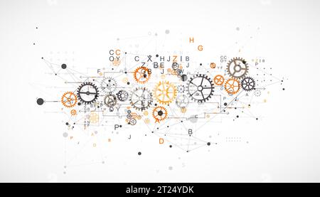 Fond technologique abstrait avec lettres, roues dentées et effet plexus. Vecteur Illustration de Vecteur