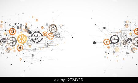 Fond technologique abstrait avec lettres, roues dentées et effet plexus. Vecteur Illustration de Vecteur