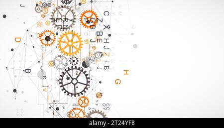 Fond technologique abstrait avec lettres, roues dentées et effet plexus. Vecteur Illustration de Vecteur