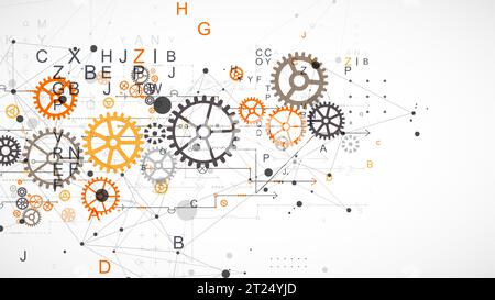 Fond technologique abstrait avec lettres, roues dentées et effet plexus. Vecteur Illustration de Vecteur