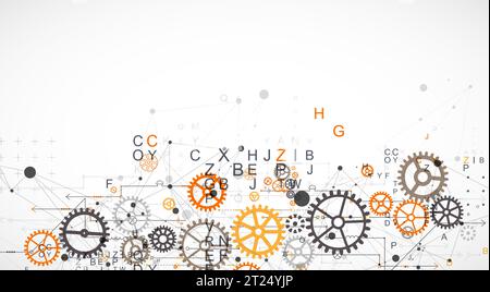 Fond technologique abstrait avec lettres, roues dentées et effet plexus. Vecteur Illustration de Vecteur