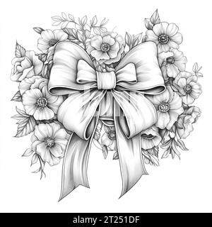 Bouquet de fleurs noir et blanc avec un ruban. Illustration de page de livre de coloriage. Banque D'Images