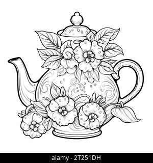 Bannière, coloriage page Tea Time, théière, tasse dans le cadre de fleurs. Illustration du stock anti-stress Banque D'Images