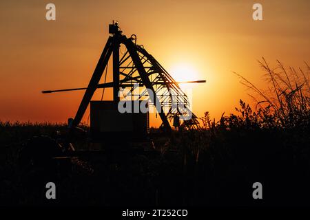 Silhouette du système d'arrosage pivot d'irrigation agricole automatisé dans le champ cultivé au coucher du soleil d'été, mise au point sélective Banque D'Images