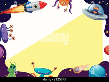 Modèle imprimable mettant en vedette un personnage de dessin animé extraterrestre mignon sur un fond d'espace extérieur Illustration de Vecteur