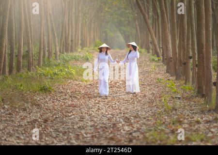 Deux femmes asiatiques en vêtements traditionnels marchant dans une forêt tenant la main, Vietnam Banque D'Images