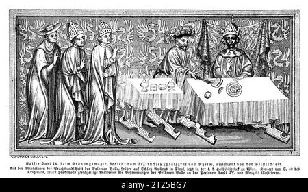 Miniature de la bulle d'or de 1356, le roi Charles IV au dîner du couronnement servi par le magistrat impérial du Saint Empire romain germanique le comte palatin du Rhin assisté par le clergé Banque D'Images