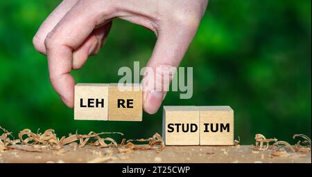 Hand choisit cube avec le mot allemand 'Lehre' (stage) au lieu de 'Studiud' (étude). Banque D'Images
