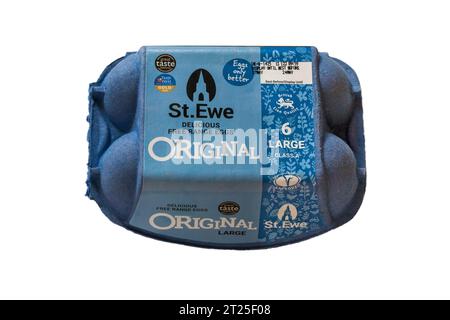 St Ewe délicieux oeufs de gamme libre Original 6 grande classe A isolé sur fond blanc - boîte à oeufs fermée aubergine Banque D'Images