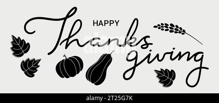 Joyeux Thanksgiving Day bannière noire avec texte calligraphique et feuilles dessinées à la main et citrouilles. Illustration vectorielle Illustration de Vecteur