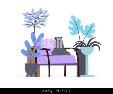 Illustration intérieure confortable de plantes d'intérieur et chat moelleux gris mignon assis sur le fauteuil. Illustration de Vecteur