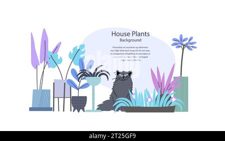 Illustration intérieure confortable de plantes d'intérieur et chat moelleux gris mignon assis parmi eux. Arrière-plan avec un espace pour votre texte. Illustration de Vecteur