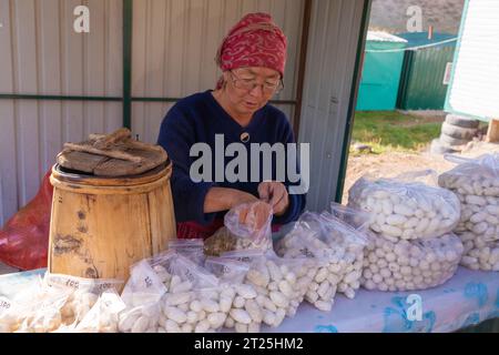 Stalle de bord de route dans les montagnes du Kirghizistan vendant Kashik fait à partir de yogourt égoutté, babeurre égoutté (en particulier, qatiq égoutté) ou égoutté s Banque D'Images