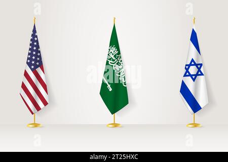 Rassemblement politique des gouvernements. Drapeaux des États-Unis, Arabie Saoudite et Israël. Indicateurs définis. Illustration de Vecteur