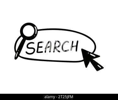 Barre de recherche Doodle avec pointeur et loupe. Recherche d'informations dans le bouton Internet. Cliquez pour accéder à la fenêtre du navigateur Illustration de Vecteur