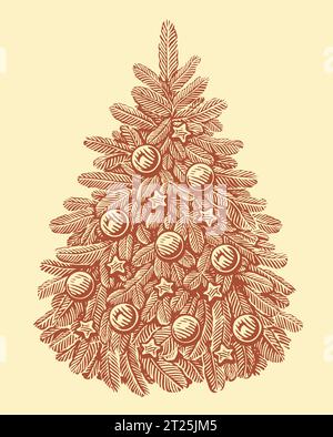 Sapin de Noël décoré de boules et de lumières. Illustration vectorielle de vacances dessinée à la main dans le style de gravure Illustration de Vecteur