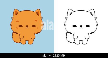 Clipart IsolatedPomeranian Spitz multicolore et Noir et blanc. Mignon Cartoon Dog. Illustration de Vecteur