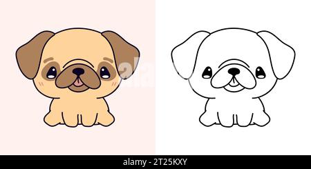 Clipart IsolatedPug chien multicolore et Noir et blanc. Mignon Cartoon Puppy. Illustration de Vecteur