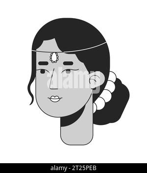 Femme indienne adulte avec tête de personnage de dessin animé en ligne noire et blanche de style chicane 2D. Illustration de Vecteur