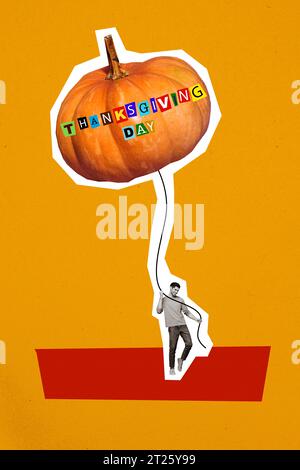 Collage créatif d'affiche de carte postale de Happy Guy Hold ballon volant image en forme de citrouille préparer pour la fête de Thanksgiving Banque D'Images