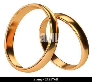 Illustration de deux anneaux dorés de mariage isolés sur fond blanc. Concepts d'unité Banque D'Images