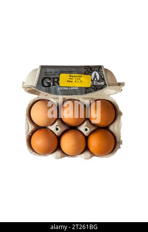 St Ewe oeufs en libre élevage Grand plutôt grand oeufs en libre élevage Westcountry 6 oeufs extra gros isolés sur fond blanc - couvercle de la boîte à oeufs ouverte Banque D'Images