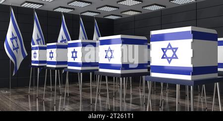 Israël - cabines de vote et drapeaux nationaux dans les bureaux de vote - concept électoral - illustration 3D. Banque D'Images