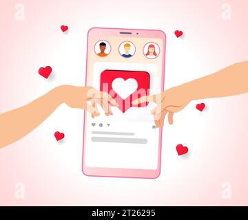 Mains tendant vers le toucher, création d'Adam - concept de médias sociaux de la Saint-Valentin. Smartphone avec interface de réseau social, icônes utilisateur et mains Illustration de Vecteur