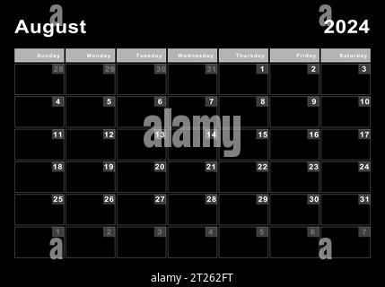 Calendrier août 2024, début de semaine dimanche, design moderne Banque D'Images
