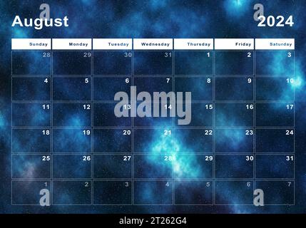 Calendrier août 2024, début de semaine dimanche, design moderne Banque D'Images