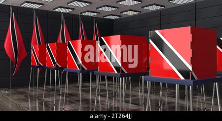 Trinité-et-Tobago - bureaux de vote et drapeaux nationaux dans les bureaux de vote - concept électoral - illustration 3D. Banque D'Images