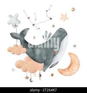 Composition mignonne pour enfants aquarelle avec le signe du zodiaque Aquarius, baleine, nuage, étoile, lune et constellation. Pour l'impression, l'emballage, les cartes postales, Banque D'Images