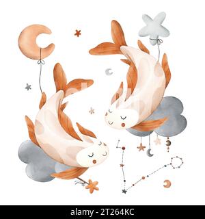 Composition mignonne pour enfants aquarelle avec le signe du zodiaque poissons, poissons, nuages, étoiles, lune et constellation. Pour impression, emballage, cartes postales, br Banque D'Images