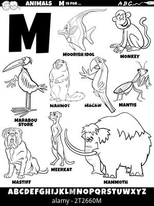 Illustration de dessin animé de caractères animaux mis pour la lettre M coloriage page Illustration de Vecteur
