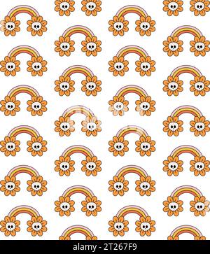 Vector Seamless motif de groovy halloween arc-en-ciel avec crâne et fleur isolé sur fond blanc Illustration de Vecteur
