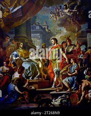 Énée et Didon, un chef-d'œuvre monumental en huile sur toile du baroque tardif de 1739–1741 par le maître napolitain Francesco Solimena, représentant le héros troyen se présentant à la reine de Carthage. Énée et Didon de 1739-41 par Francesco Solimena 1657-1747 Musée, Italie, Francesco Solimena était un peintre italien prolifique de l'ère baroque, issu d'une famille établie de peintres et de dessinateurs Banque D'Images