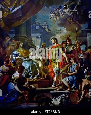 Énée et Didon, un chef-d'œuvre monumental en huile sur toile du baroque tardif de 1739–1741 par le maître napolitain Francesco Solimena, représentant le héros troyen se présentant à la reine de Carthage. Énée et Didon de 1739-41 par Francesco Solimena 1657-1747 Musée, Italie, Francesco Solimena était un peintre italien prolifique de l'ère baroque, issu d'une famille établie de peintres et de dessinateurs Banque D'Images